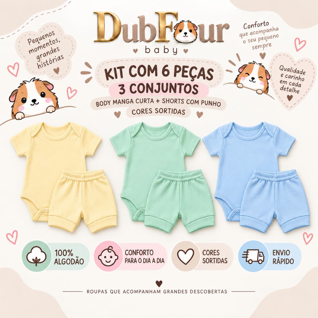 Kit 6 Peças Bebê Infantil  3 Conjuntos Body Manga Curta  Shorts Liso tapa fralda Verão Menina Menino Unissex enxoval