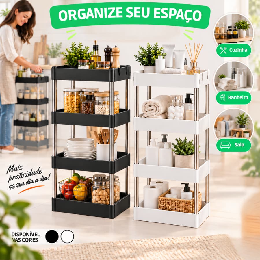 Organizador Multiuso 4 Prateleiras Plástico e Metal para Cozinha Banheiro Sala Preto ou Branco