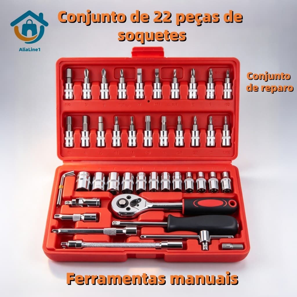 22 Peças Jogo De Chave Catraca Caixa De Ferramentas para Reparo de Carros / Conjuntos de Chaves