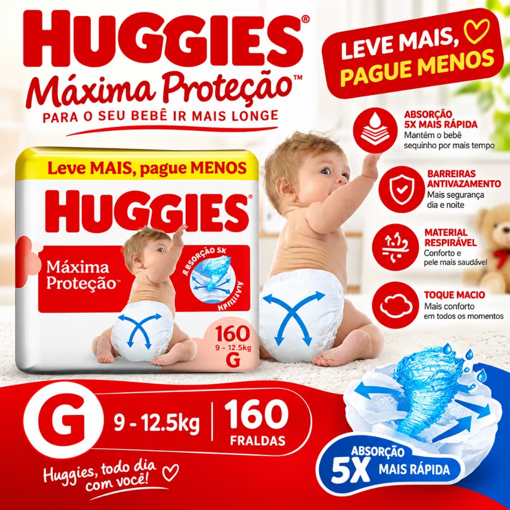 Pacotão 160 Unidades Huggies Fralda Descartável Supreme Care, Tamanho G, com Tecnologia Xtra-Flex