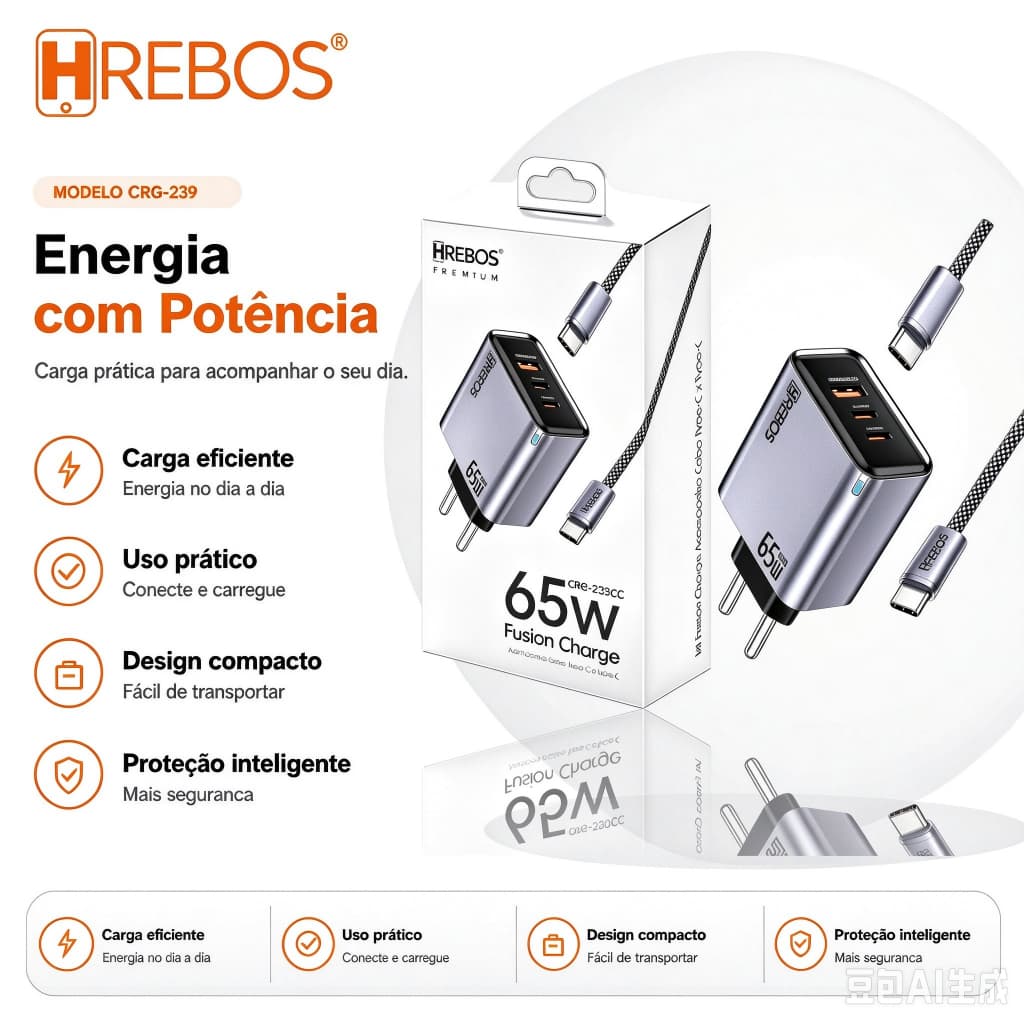 HREBOS Carregador Turbo 65W 3 Portas 2 USB-C + USB-A, Bivolt, Plugue EU, Carga Rápida para Celular, Tablet e Notebook PC