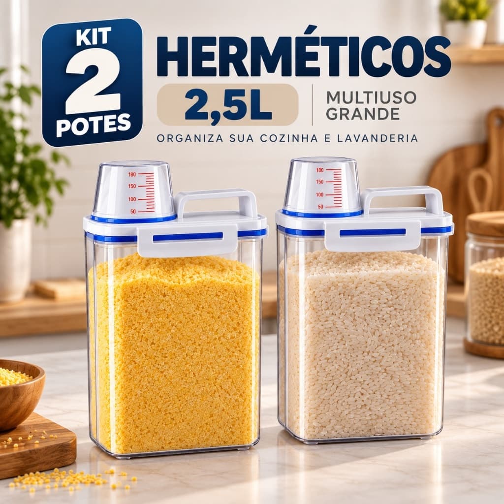 Kit 2 Potes Herméticos 2,5L Porta Condimentos Multiuso Grande Organizador de Cozinha Lavanderia