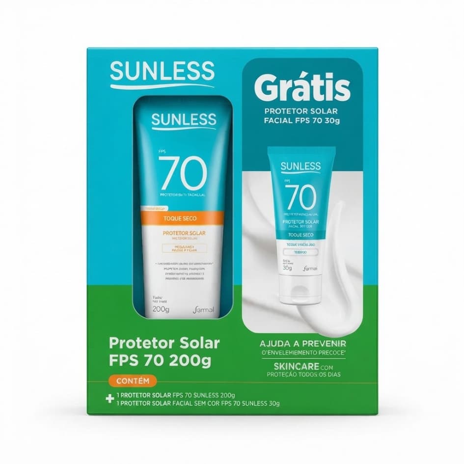 Kit Protetor Solar | FPS 70 | Sunless Farmax | 200g | + Facial 30g | Toque Seco