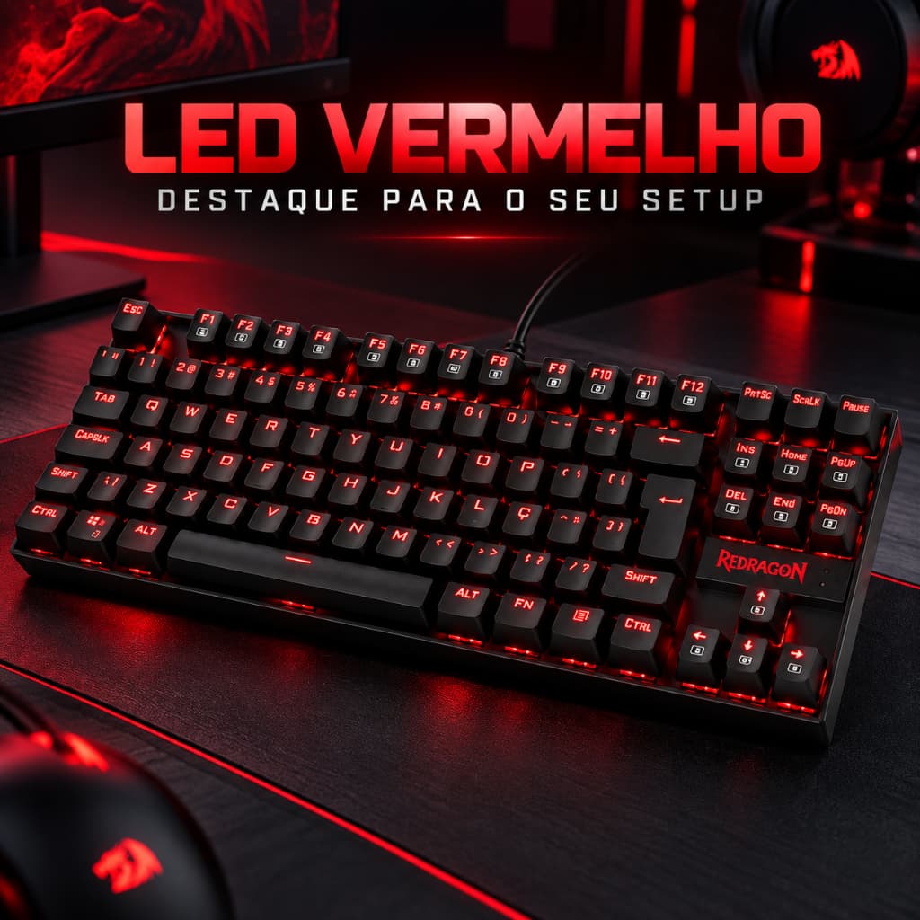 Teclado Gamer Mecânico Redragon Kumara K552 USB LED Vermelho ABNT2 Switch Outemu Anti Ghosting TKL Preto Computador USB