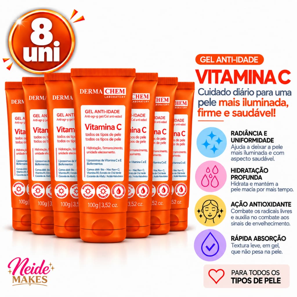 Skincare Dermachem Kit 8 Gel Facial Anti Idade Vitamina C Todos Tipos de Pele 100ml Dermachem