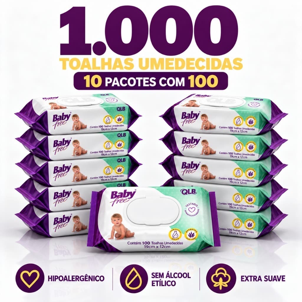 Caixa com 10 Lenços/Toalhas Umedecidas Baby Free c/ 100 Unidades Cada- Sem Tampa Flip Top