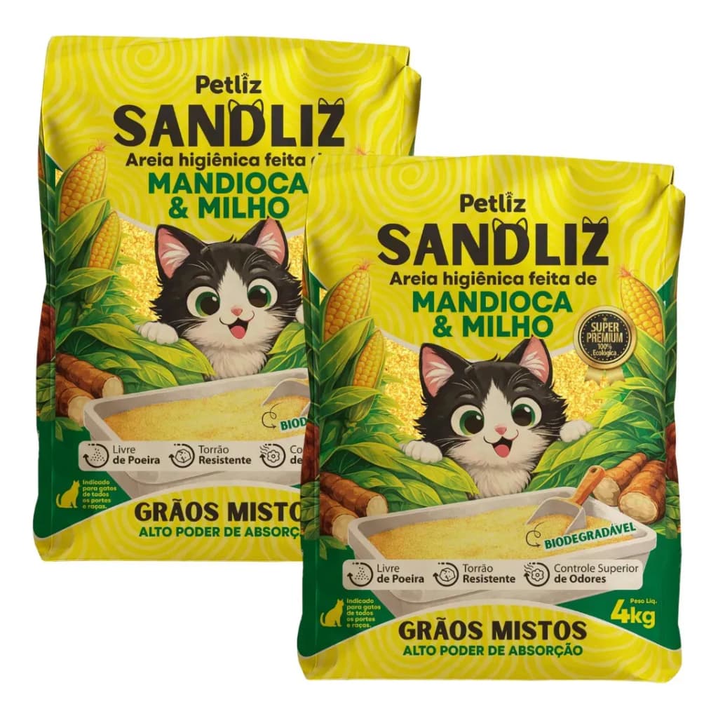 Kit 2 Areias Sanitárias para Gatos Grãos Mistos De Milho E Mandioca 4kg