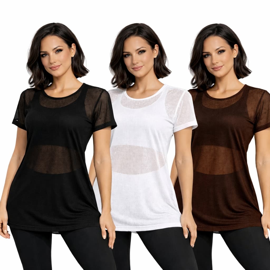 Kit 3 Blusa Blogueira Feminina Transparente Tule Manga Curta Camiseta Academia Fitness Musculação
