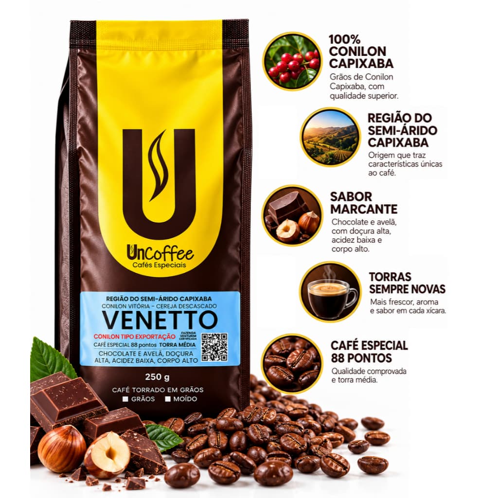 Café Especial Torrado em Grãos UnCoffee Venetto 100% Conilon com Notas de Avelã 250g Grãos ou Moído