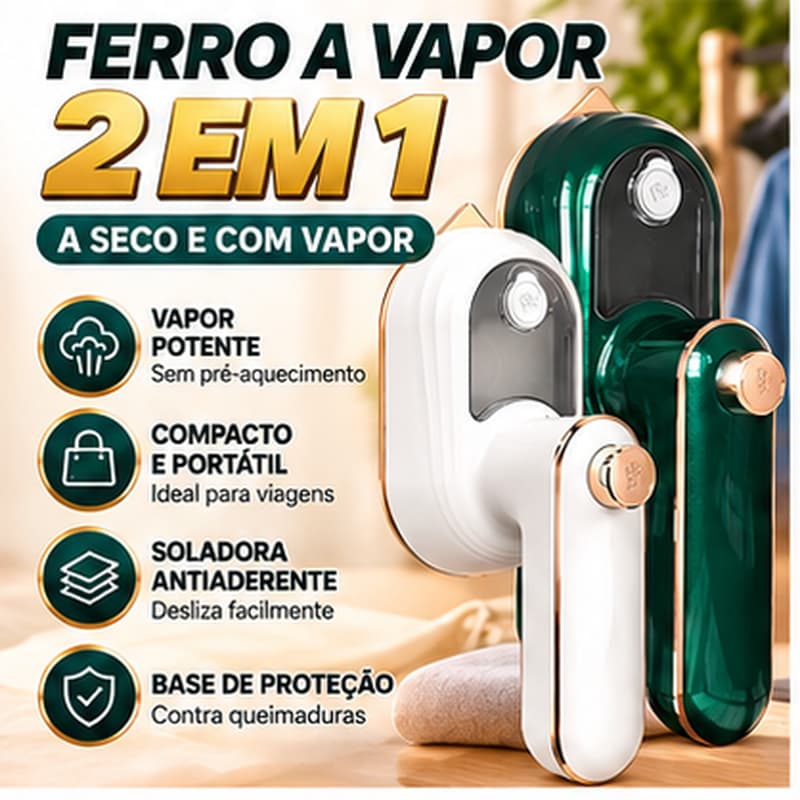 Ferro de Passar a Vapor Portátil 2 em 1, Dobrável 180°, Ferro Seco e Vapor, Reservatório 50ml, Bivolt 110/220V