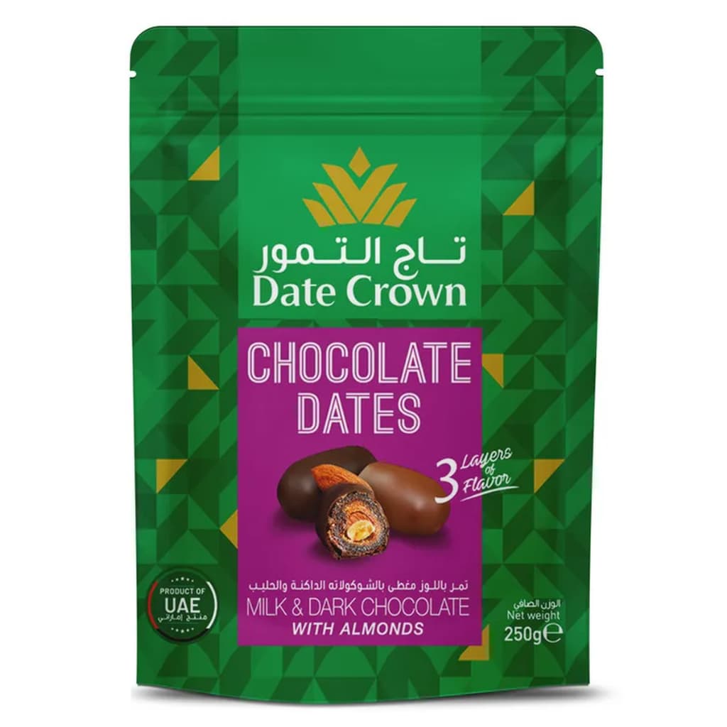 Tâmaras Recheadas com Amêndoas e Cobertas com Chocolate ao Leite e Amargo 250g Date Crown Importada dos Emirados Árabes