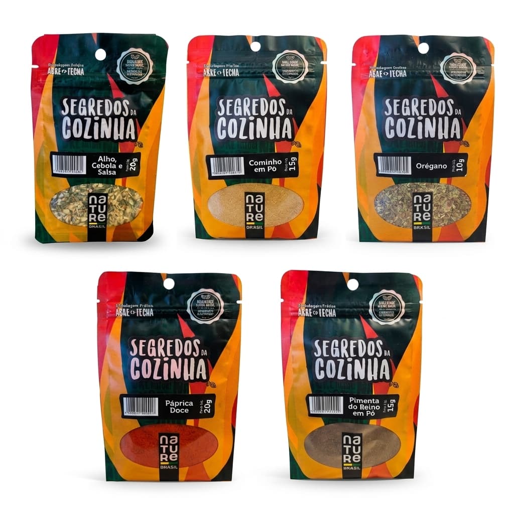 Kit 5 Temperos Nature Brasil Segredos da Cozinha Especiarias Sachê Abre e Fecha