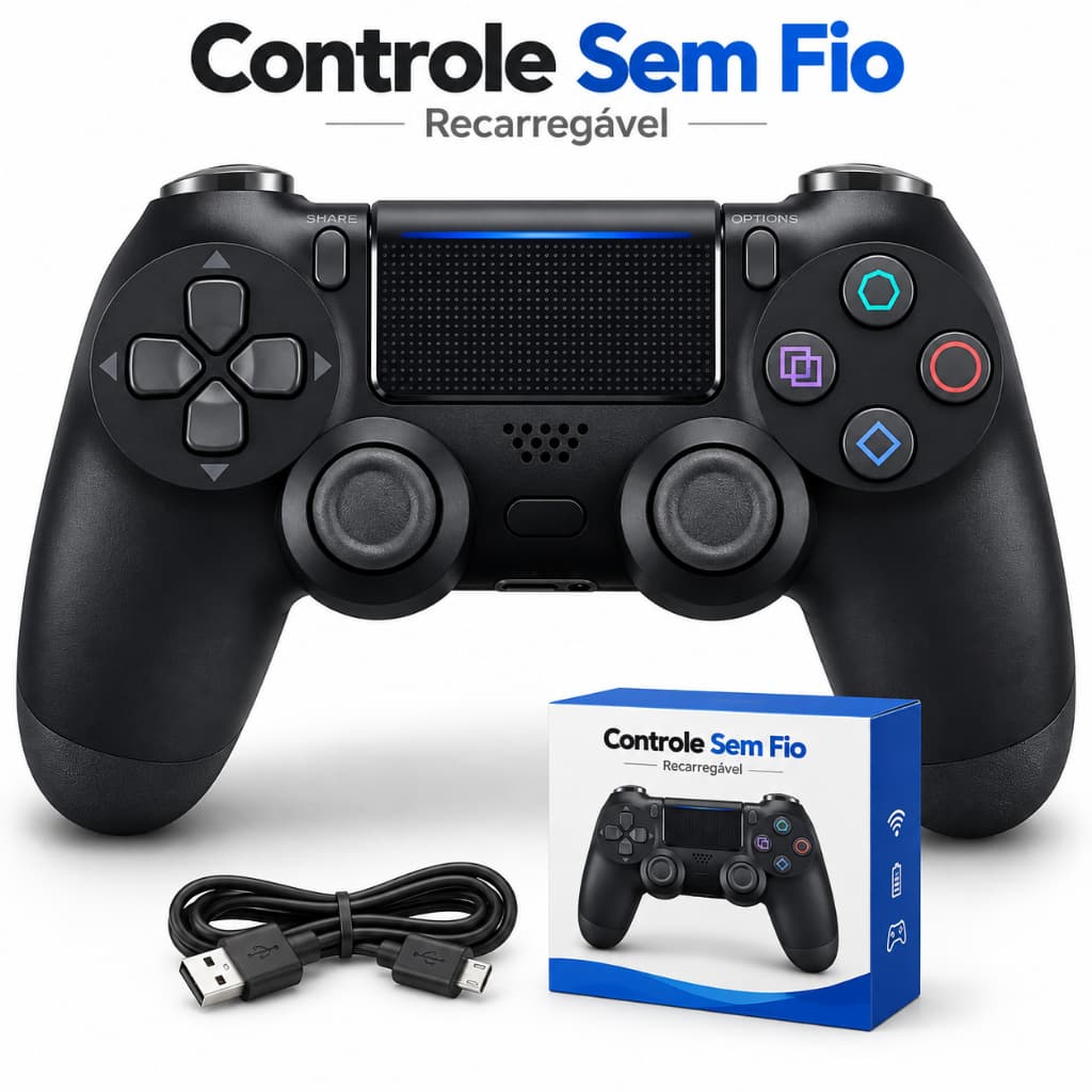 Controle Joystick Sem Fio Recarregável para Videogame com Analógicos Duplos Cabo USB Preto