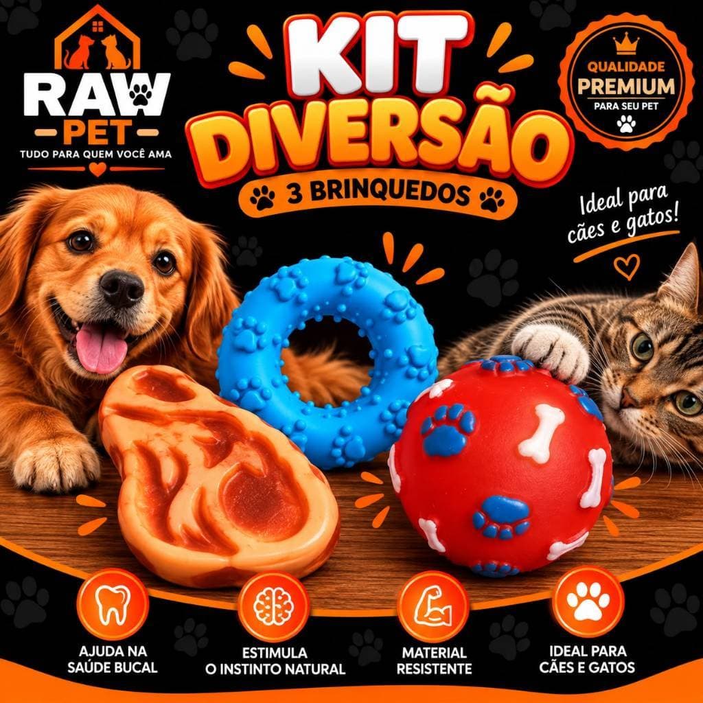 Kit Diversão Premium para Cachorros RAW PET com 3 Brinquedos Mordedores de Borracha Bolinha e Brinquedo Sonoro