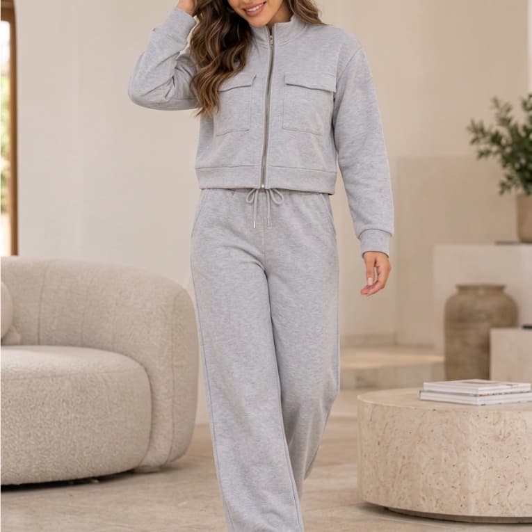 Conjunto Feminino Moletom Flanelado Jaqueta Zíper Gola Alta E Calça Pantalona Cintura Alta Bolsos Aerolook COD 092