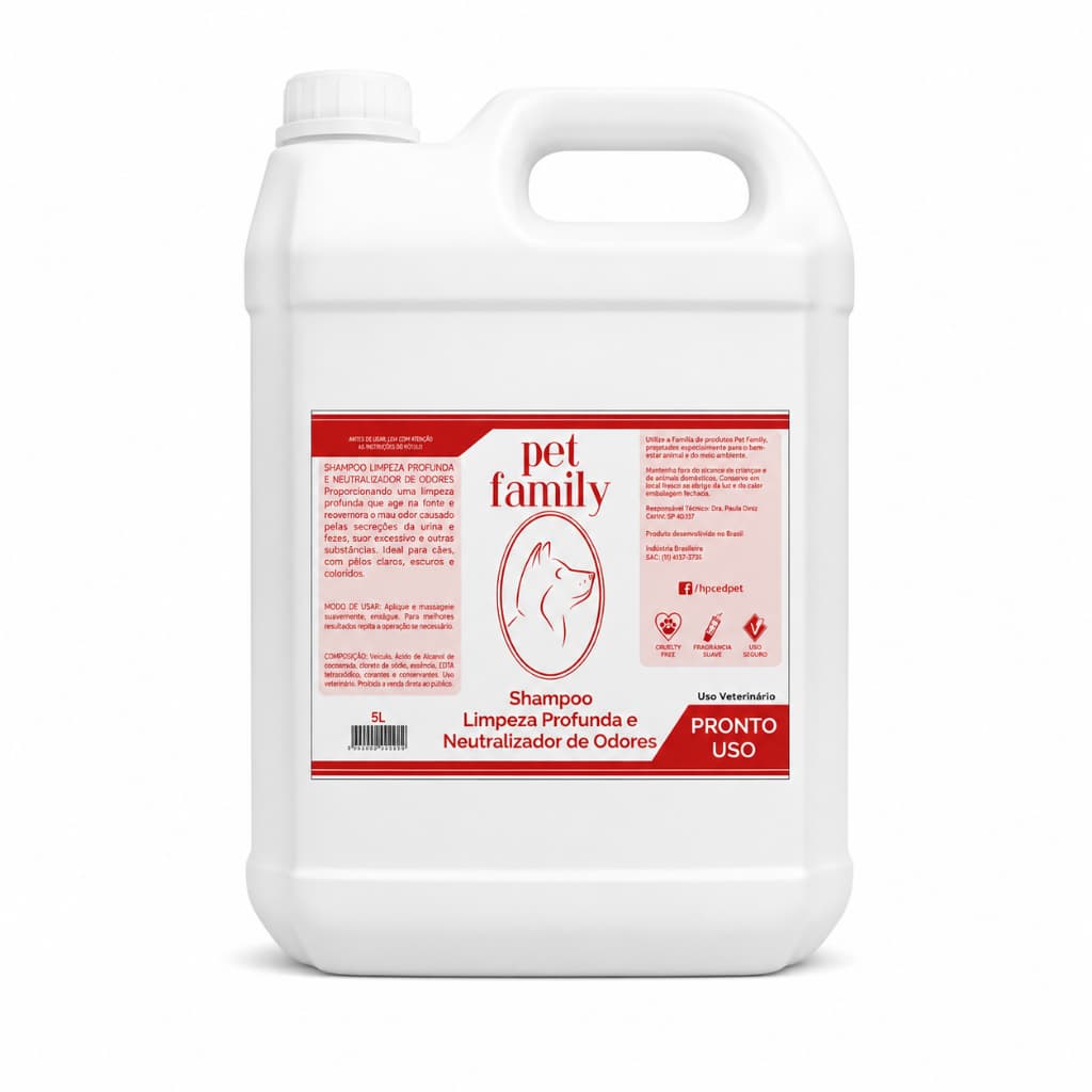 Shampoo Pet Limpeza Profunda e Neutralizador Vegano Para Cães e Gatos Galão 5L Pet Family