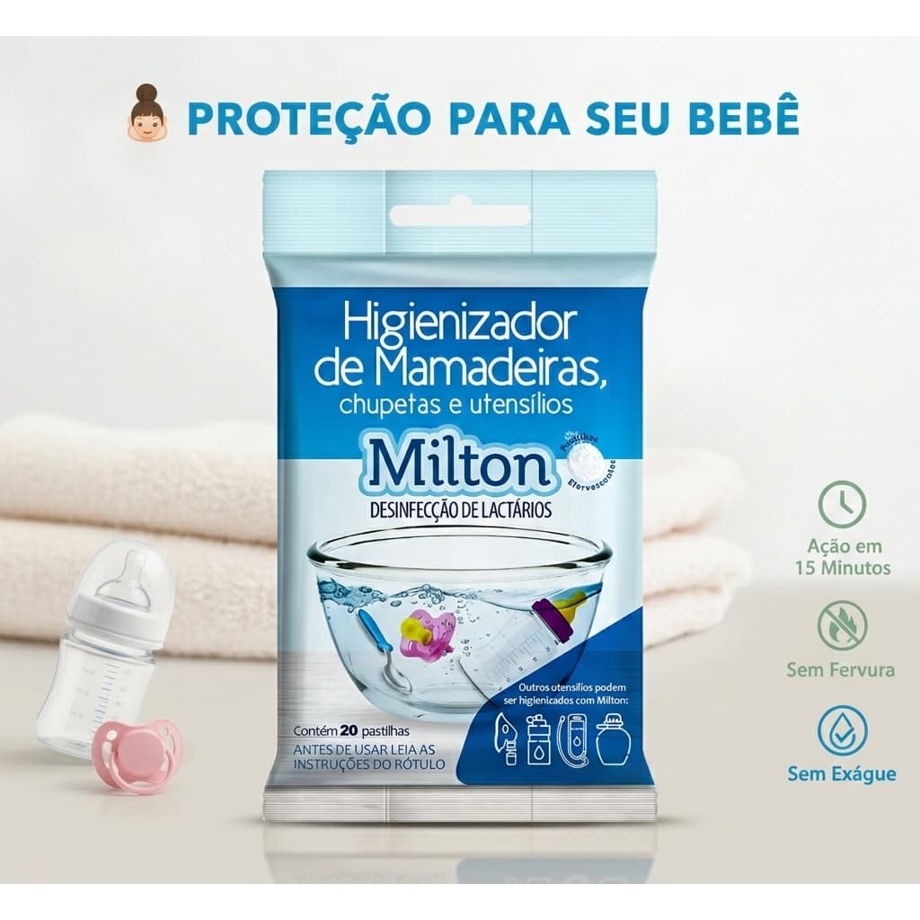 Esterilizador de Mamadeiras e Utensílios de Bebê – Clorin Milton 20 Pastilhas Sem Fervura