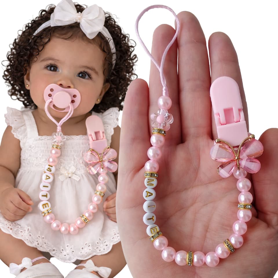 Prendedor chupeta bico personalizado borboleta flor menina infantil bebê batizado aniversário pérola rosa