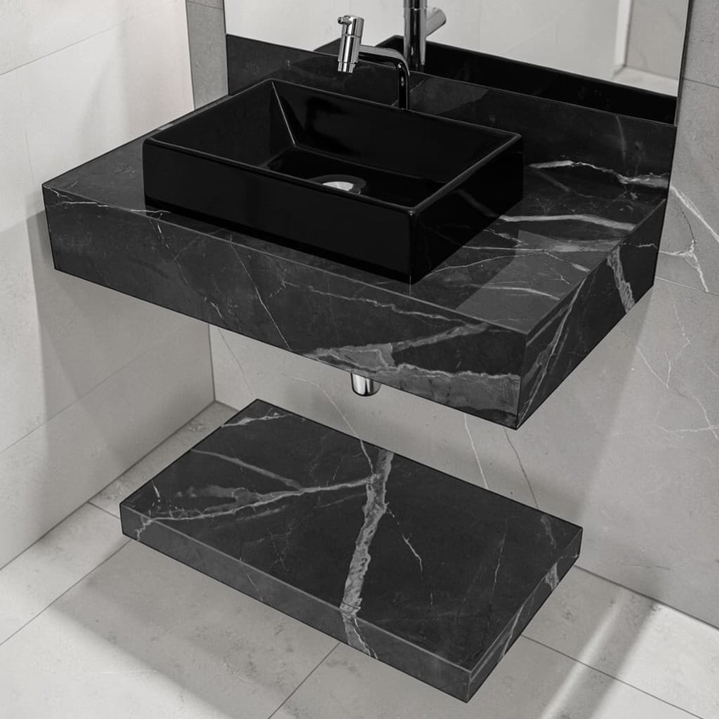 Kit Completo Bancada Cuba Sobreposta Com Torneira Banheiro Calacata Black em Porcelanato