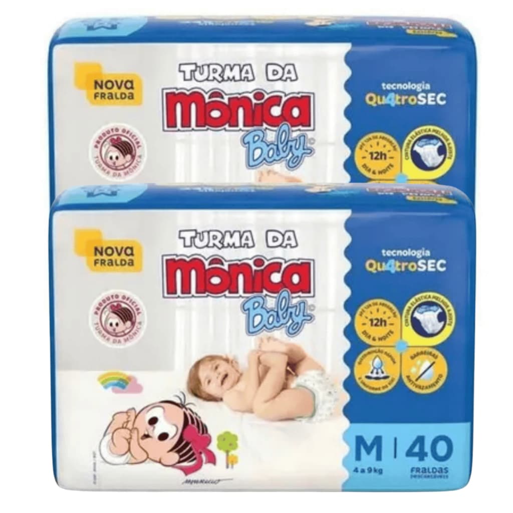 Fraldas Descartaveis Turma da Mônica Baby Kit 2 Fralda  M (4 a 9 kg) 40 Fraldas cada