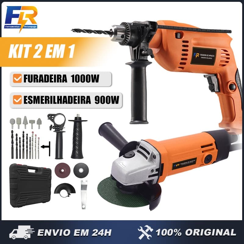 Kit Furadeira de Impacto e Esmerilhadeira Lixadeira 2 em 1 900W+1000W