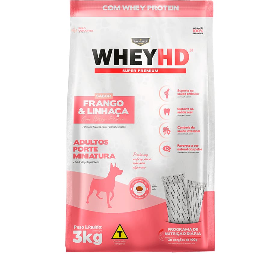 Ração Premiatta Whey HD 31 Adultos 3kg  Mini ou Crispy raças pequenas (30x100g) Alta Digestibilidade