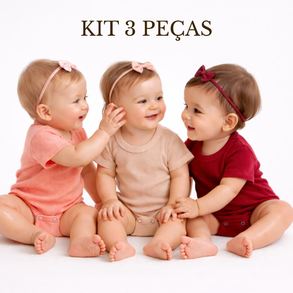 Kit 3 Peças Body Bebê Menina Manga Curta Ribana Canelada Liso Básico Enxoval Verão