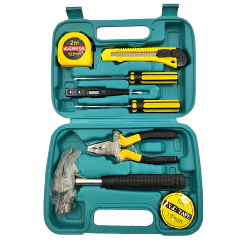 Kit Ferramentas 9 Peças Completo com Maleta Martelo Alicate Trena Chaves Estilete Ferramentas Domésticas