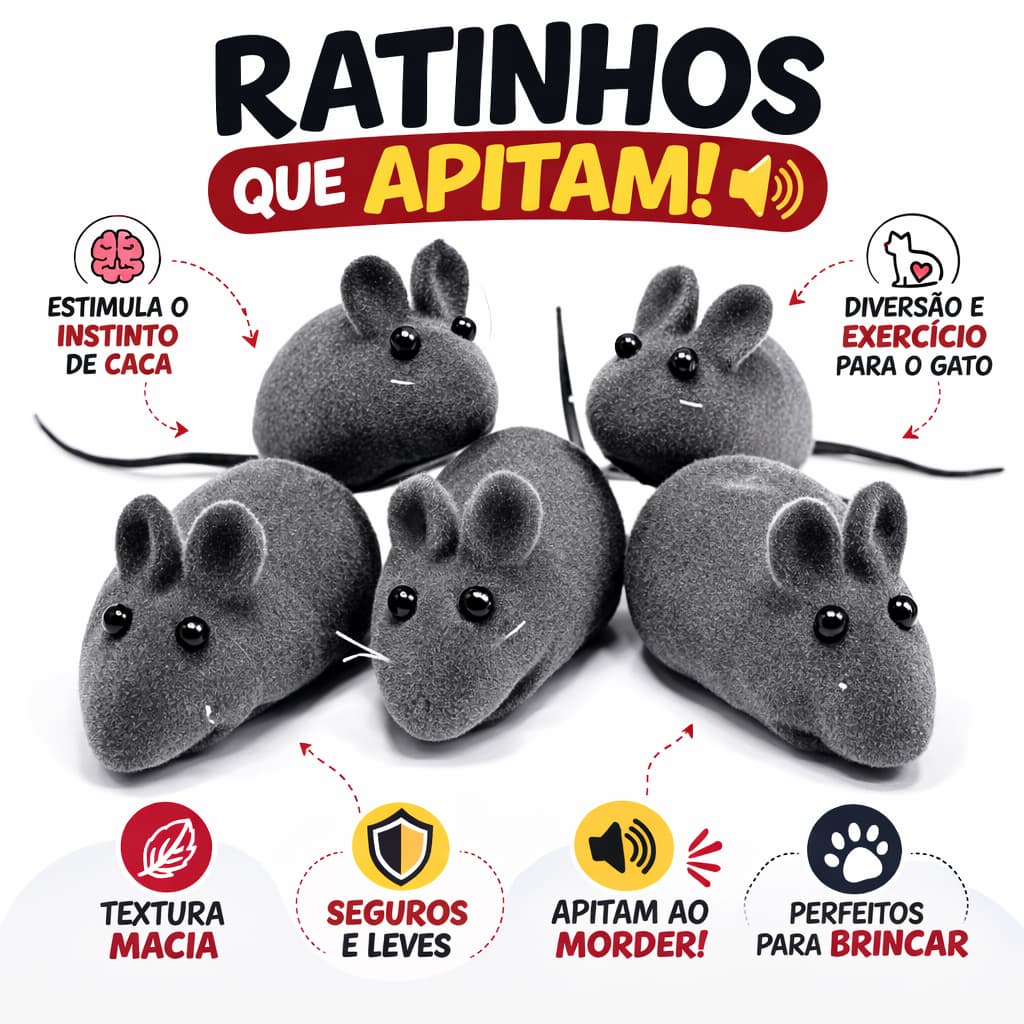 Kit Brinquedo Ratinho Pet Para Gatos Com Apito Vinil Veludo Antiestresse Divertido 5 Unidades