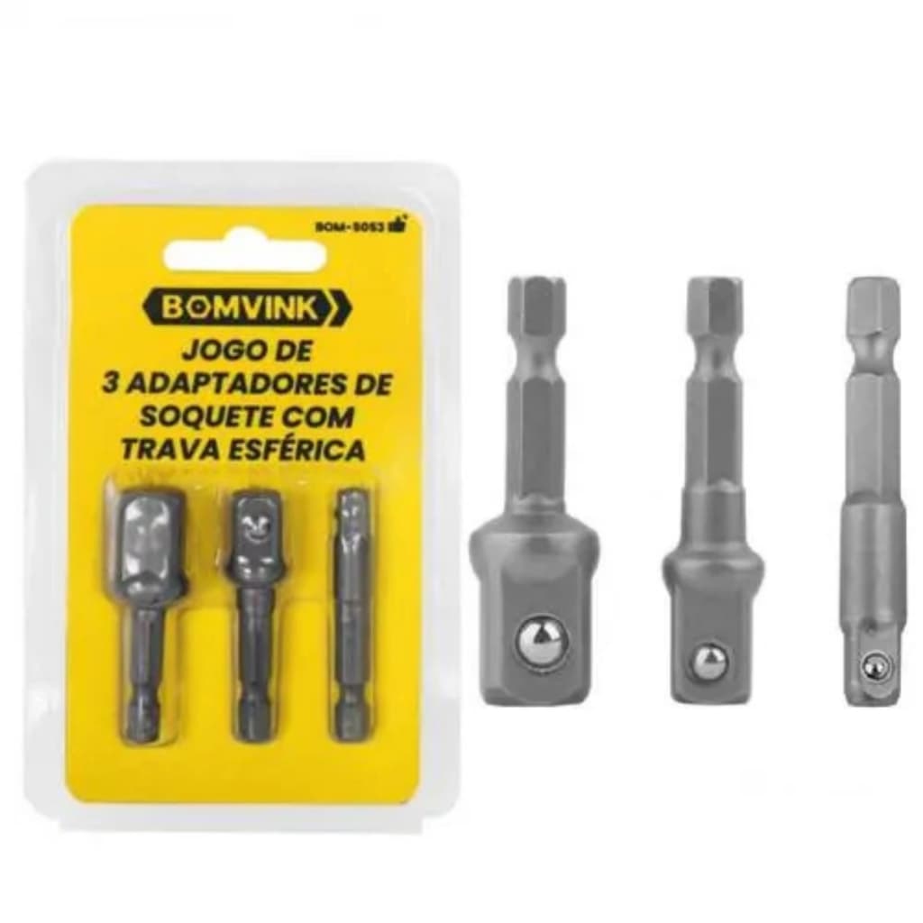 Kit 3 Adaptadores Soquete para Furadeira Parafusadeira 1/4 3/8 1/2 com Trava Esférica