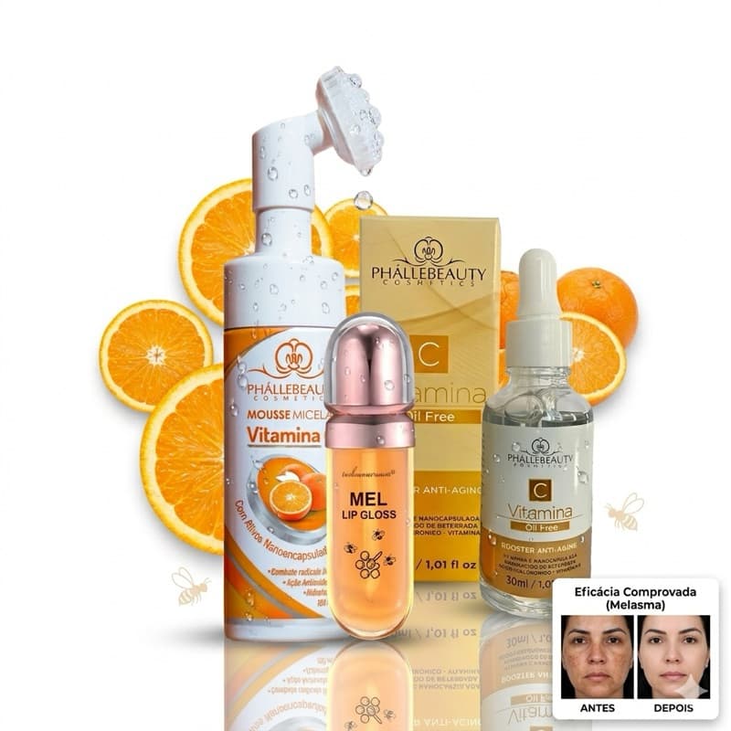 Kit Vitamina C Skincare PhalleBeauty Sérum Facial + Espuma de Limpeza Clareador Hidratação Facial + Gloss Mel