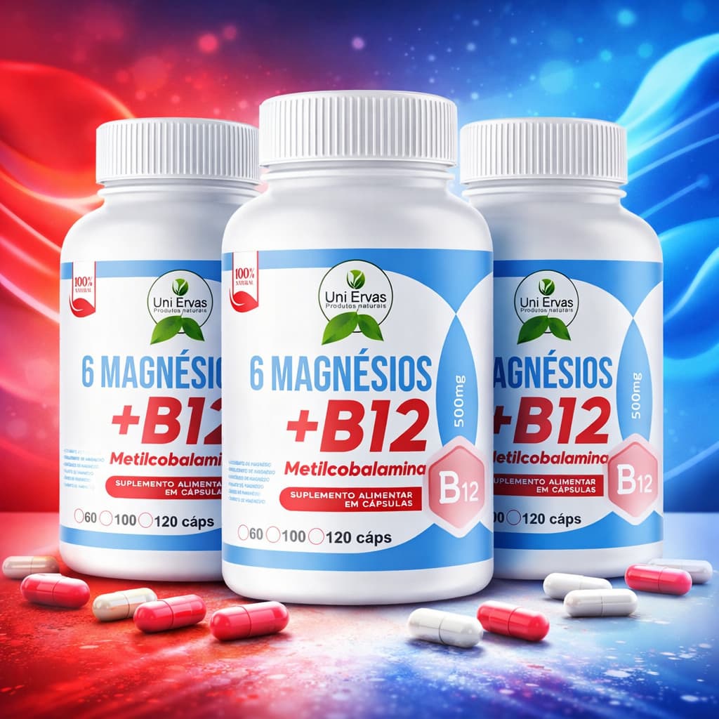 SUPLEMENTO COMPOSTO DE 6 MAGNESIOS + VITAMINA B12 - 120 CAPSULAS 500MG
