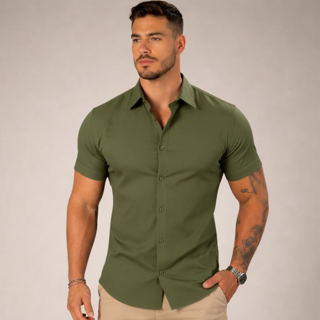 Camisa Social Masculina Manga Curto Lisa Slim
