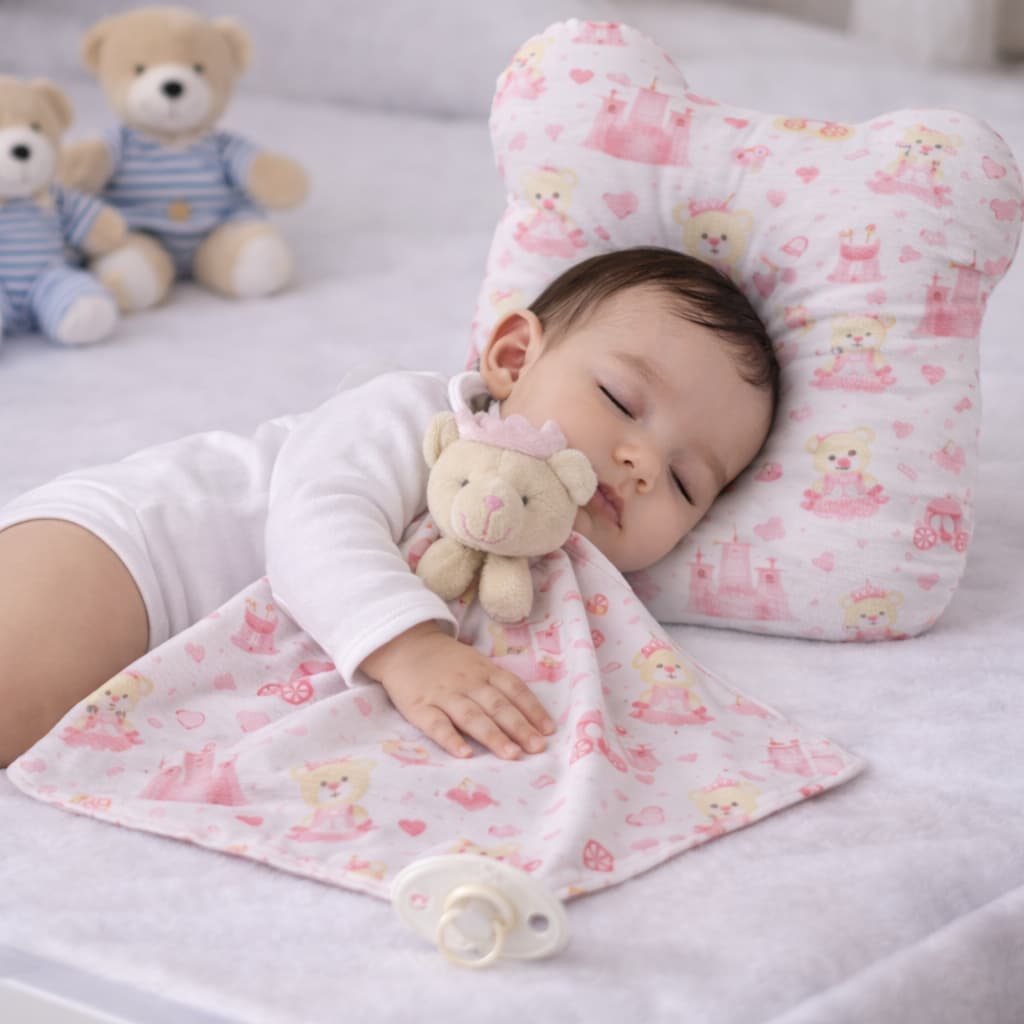 Kit Travesseiro Anatômico Bebê e Naninha Pelúcia com Porta Chupeta 100% Algodão