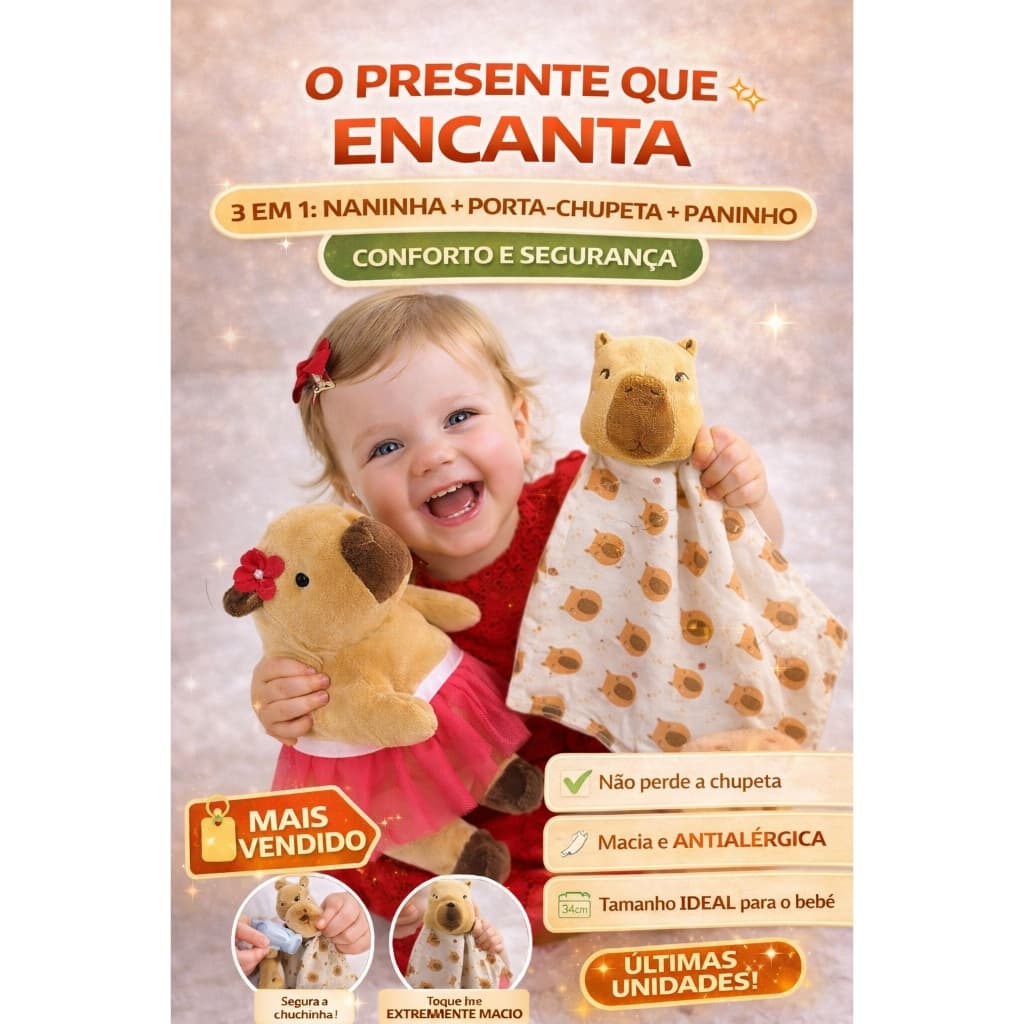 Kit Naninha + Pelúcia Capivara Bebê | Toque Macio Algodão Presente Recém Nascido Enxoval Bebê Menina