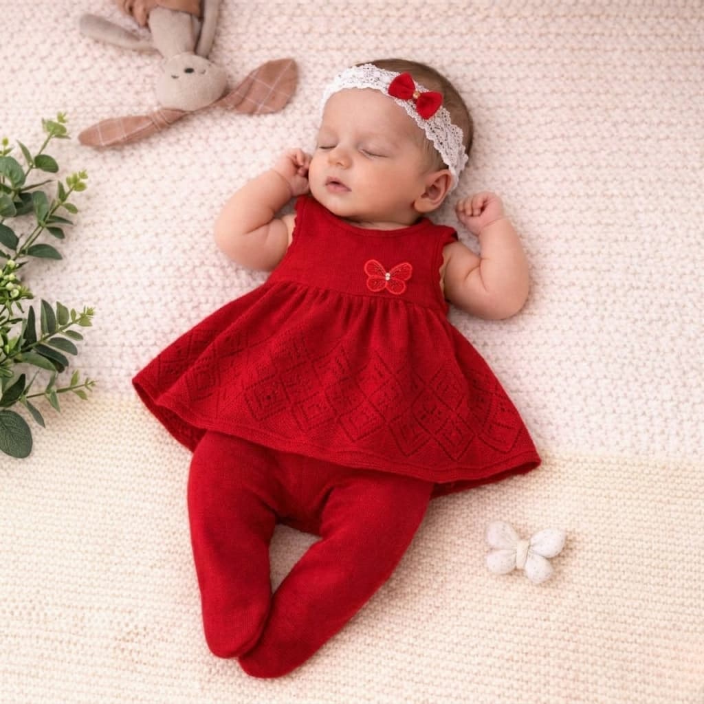 Conjunto Vestido Calça Borboleta Récem Nascido Tricô infantil Bebê Menina RN