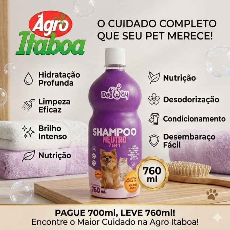 Shampoo Neutro 7 em 1 com 760ml Shampoo para Cães e Gatos Limpa Condiciona Hid rata Brilho Dog Way