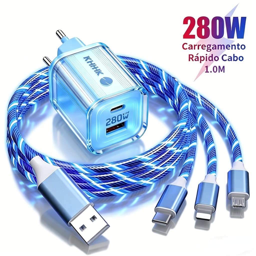 Cabo de Dados 3 E 1 Luz Fluida 280W Carregamento Rápido Tipo C USB A Para Micro 1 Metro Carregador