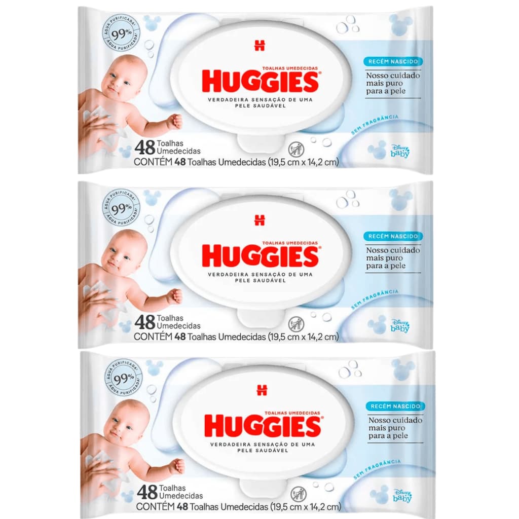 Kit 3 pacotes de Toalhas Umedecidas Huggies Recem Nascido com 48 un cada  - 144 unidades de Lenço