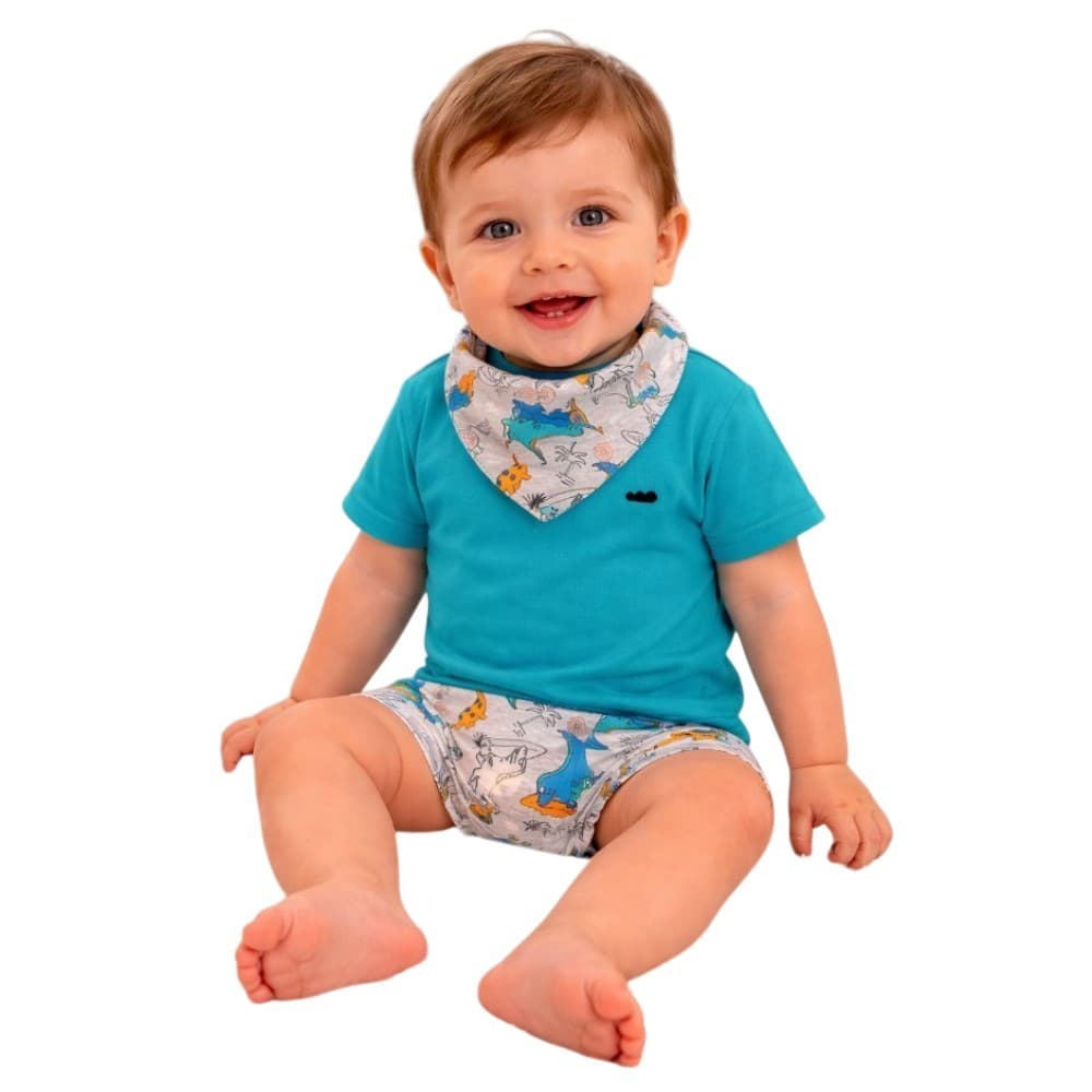 Conjunto Bebê Camiseta Bandana E Calça Fralda Dino