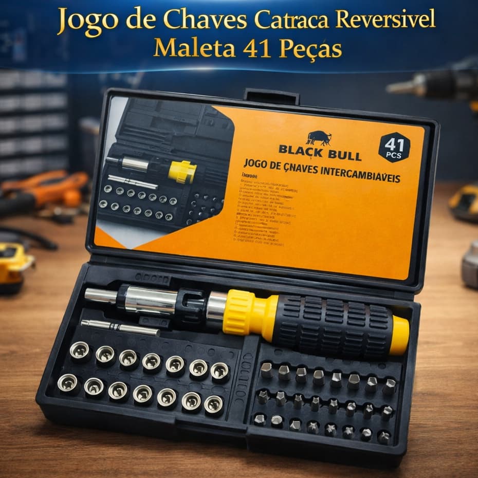 Jogo de Chaves Catraca Reversível Maleta 41 Peças 1/4 Ferramentas Fenda Philips Allen Bits Soquetes