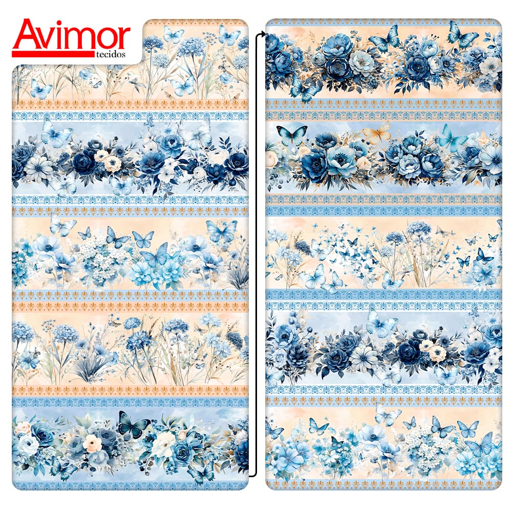 Tecido Tricoline Digital Barrado Borboletas No Jardim 100% Algodão Artigos De Ateliê Confecção Fina