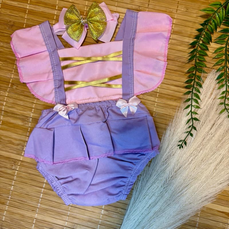 Romper  roupa bebe body Temático de Princesa + Laço – Fantasia Bebê/Menina tema enrolados