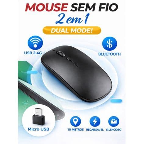 Mouse Wireless 2 em 1 Bluetooth + USB Recarregável Silencioso Alta Precisão