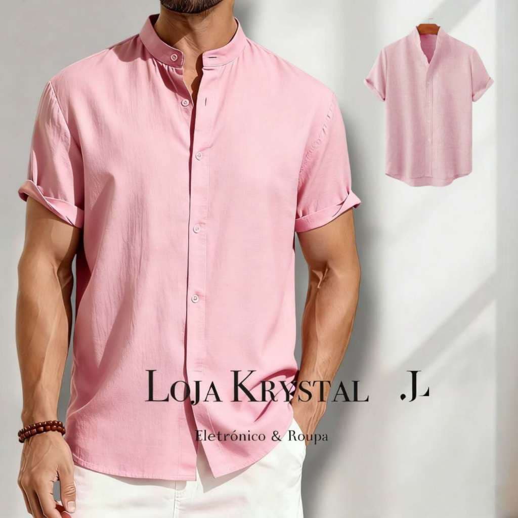 LK  Camisa Social Masculina Gola Padre de Luxo Com Manga Curta Slim Fit ViscolinhoTecido Premium