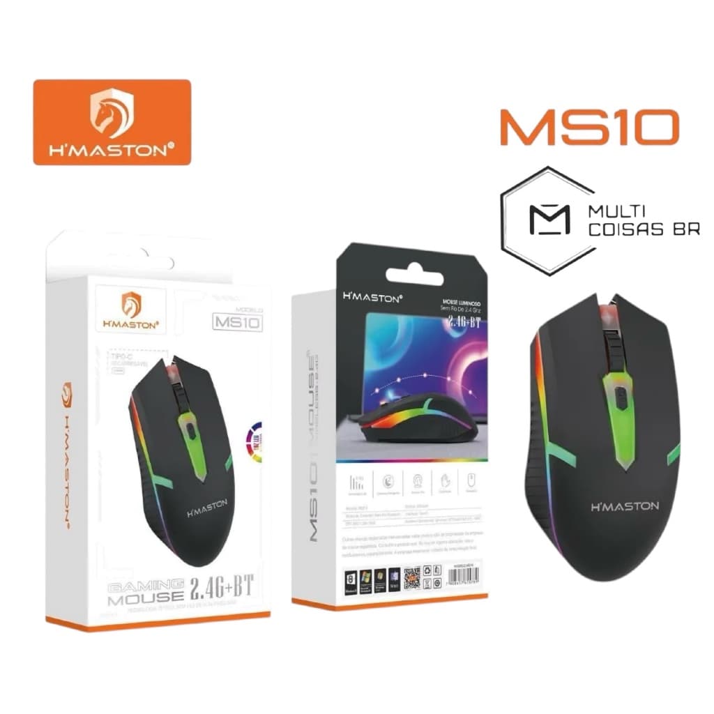 Mouse Gamer Sem Fio Bluetooth + 2.4GHz RGB Recarregável H’Maston MS10 Alta Precisão LED Colorido