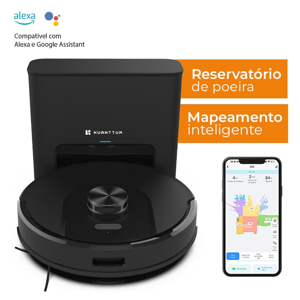 Robô Aspirador Pó Inteligente Google Alexa Smart Wi-Fi Kuanttum X10 Preto 220V Reservatório Poeira