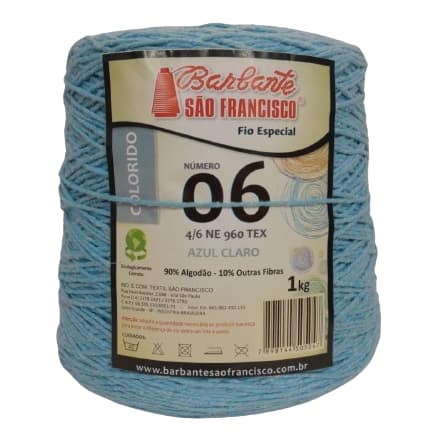 Barbante Colorido N°06 Cone De 1kg,Cor Azul Claro, Linha de Crochê, Tapetes para Artesanato.