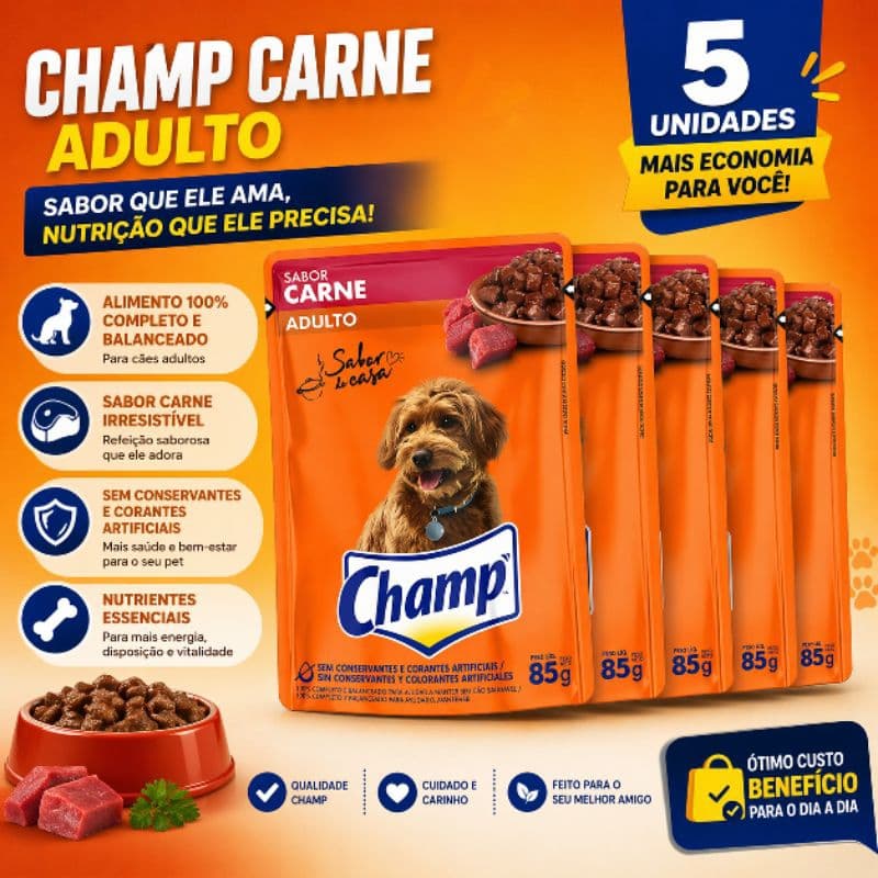 Ração Úmida para Cachorro Champ Carne Adulto Sachê 85g – Kit com 5 Unidades