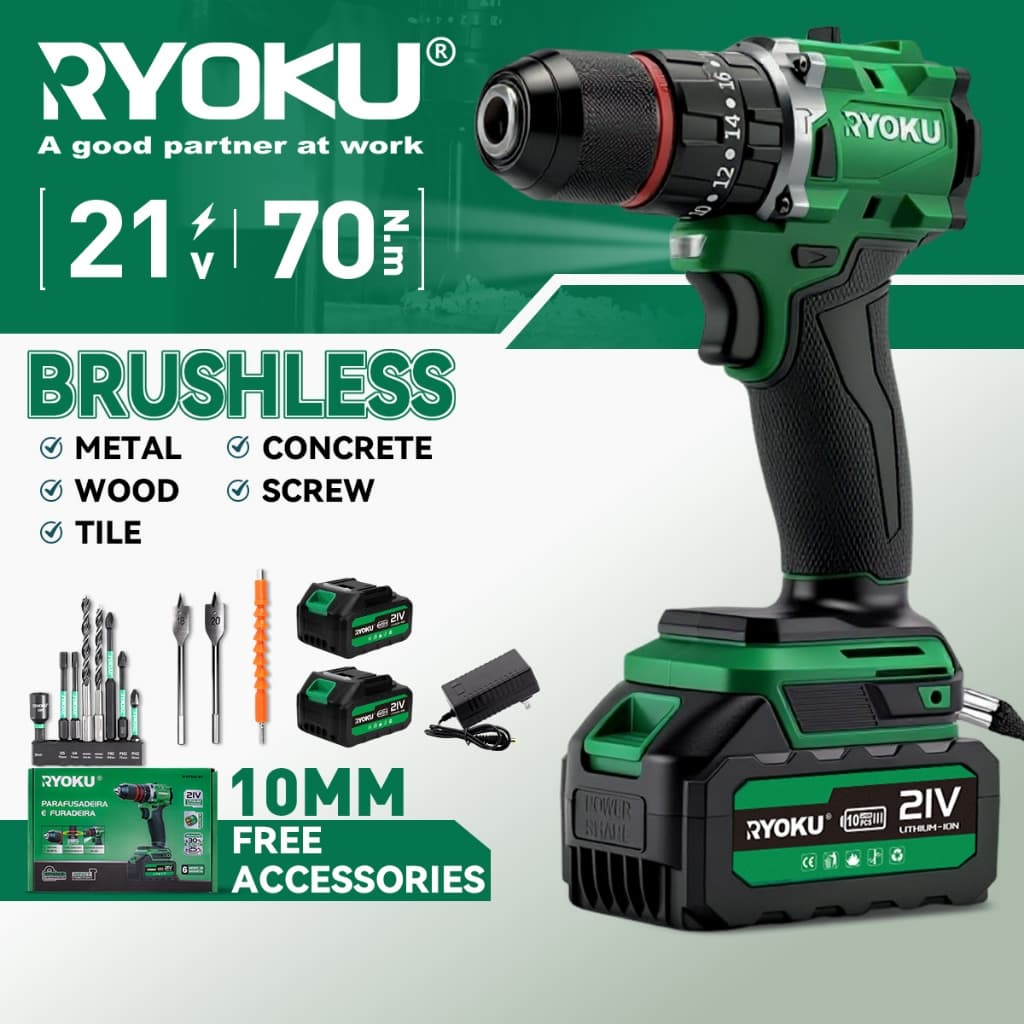 Parafusadeira Furadeira Brushless 21V 70N.m 10mm 2 Baterias